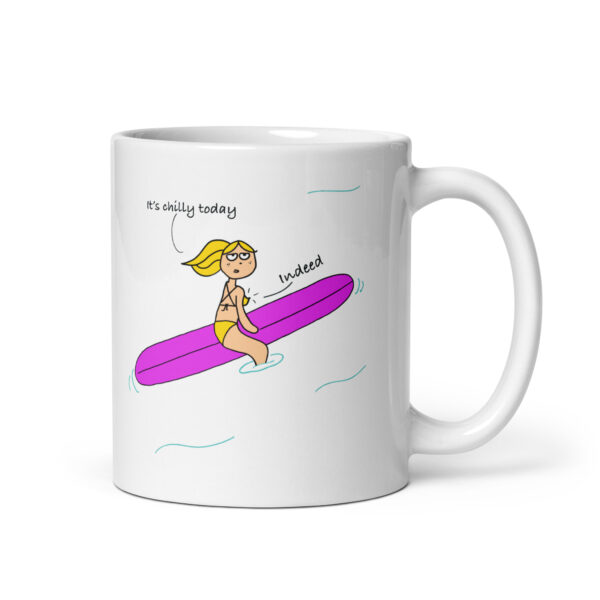 white glossy mug with a cartoon surf girl illustration