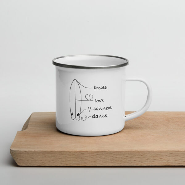 enamel surf mug with an illustration of the surfboard and its spiritual parts