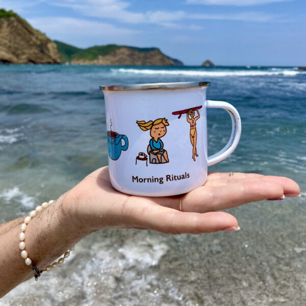 hand holding a surf mug showing morning rituals of a surfer girl illustration